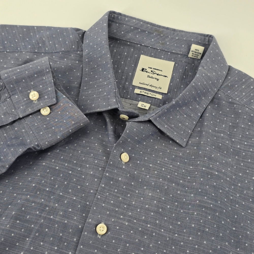 Ben Sherman Button Up Men 17.5 34-35 Blue Micro Dot Tailored Skinny Fit Stretch